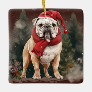 Bulldog in Snow Christmas Ceramic Ornament