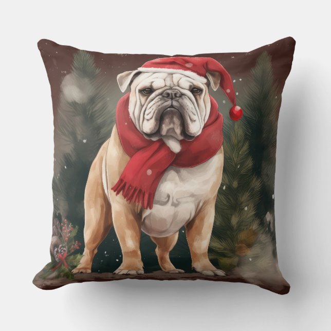 Bulldog in Snow Christmas Cushion (Front)