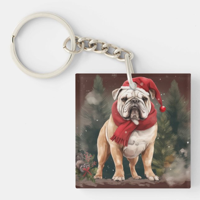 Bulldog in Snow Christmas Key Ring (Front)