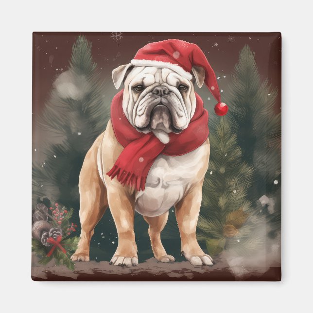 Bulldog in Snow Christmas Magnet (Front)