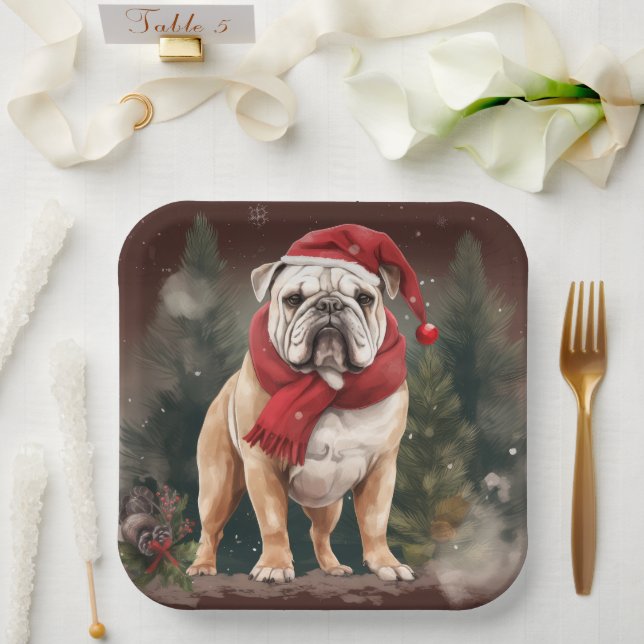 Bulldog in Snow Christmas Paper Plate (Wedding)