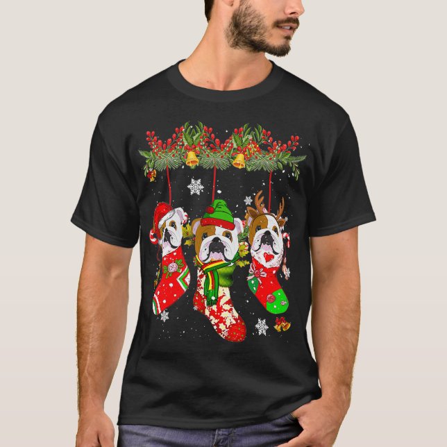 Bulldog In Socks Christmas Santa Hat Xmas Light T-Shirt (Front)