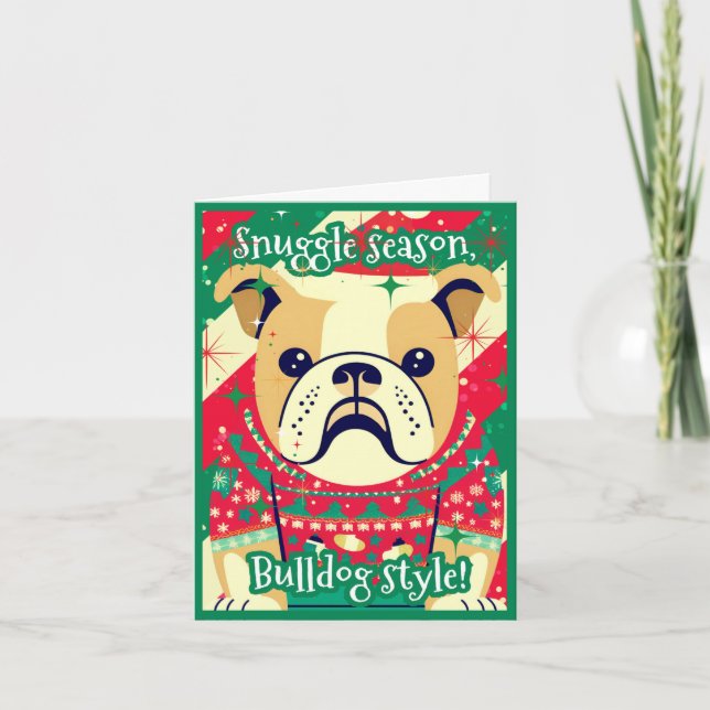 Bulldog in Ugly Christmas Sweater Festive Funny Holiday Card (Front)
