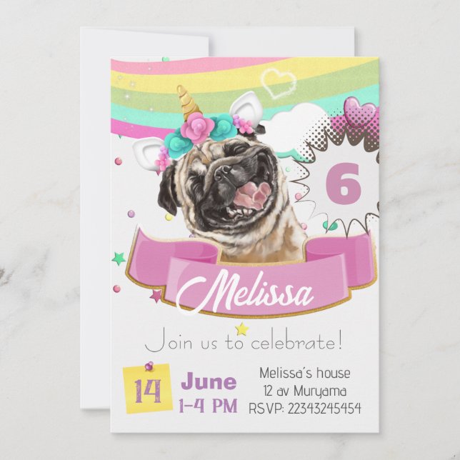 bulldog invitation, Pug Unicorn Puppy Dog Birthday Invitation (Front)