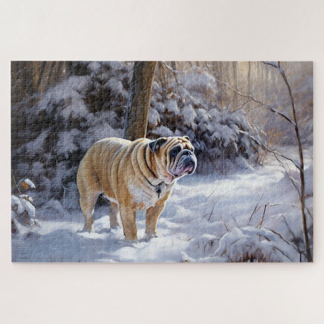 Bulldog Let It Snow Christmas Brushed  Jigsaw Puzzle (Horizontal)