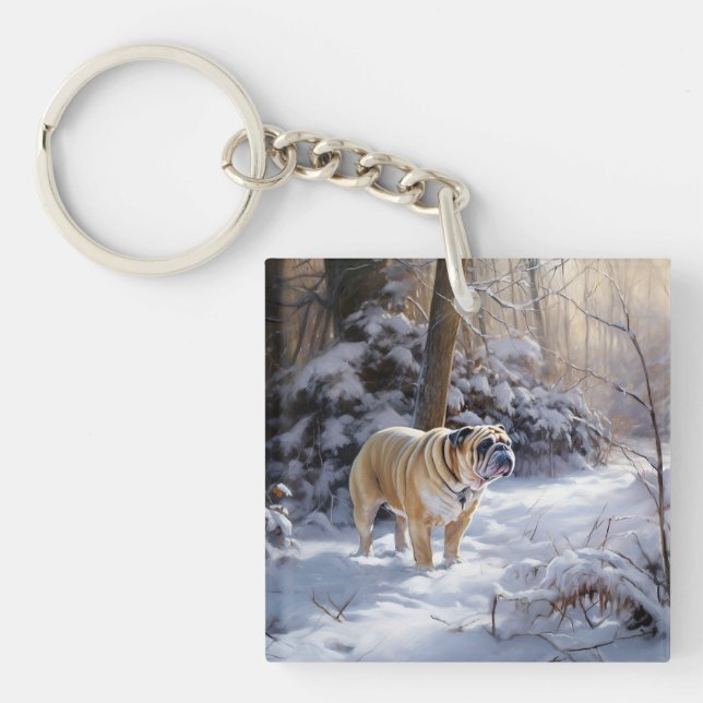 Bulldog Let It Snow Christmas Brushed  Key Ring (Front)