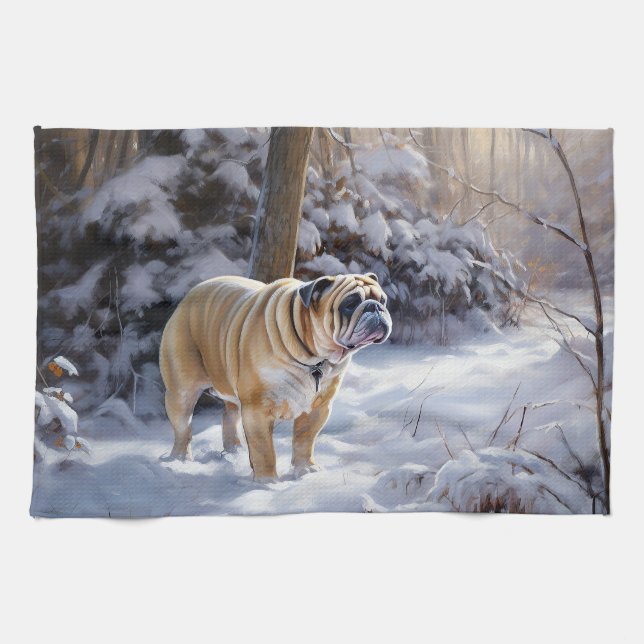 Bulldog Let It Snow Christmas Brushed  Tea Towel (Horizontal)