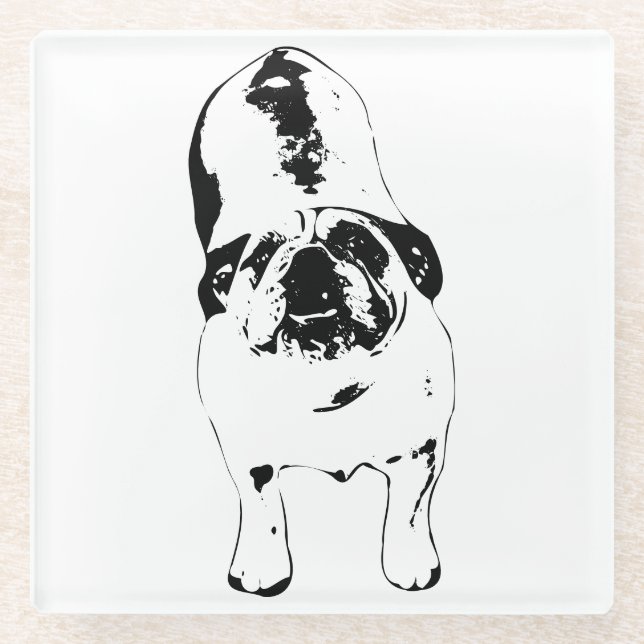 Bulldog—Look Up, Bold B&W  Glass Coaster (Front)