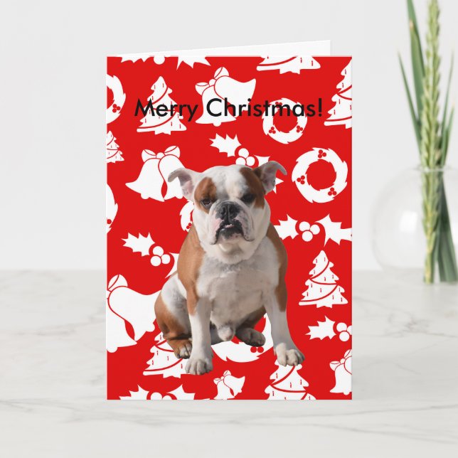 Bulldog Merry Christmas Tree Red Bells Wreath Card (Front)