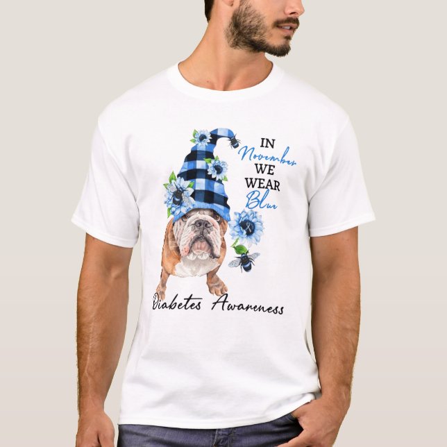 Bulldog November We Wear Blue Diabetes Awareness T-Shirt (Front)