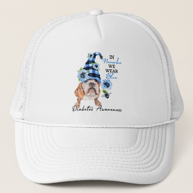 Bulldog November We Wear Blue Diabetes Awareness Trucker Hat (Front)