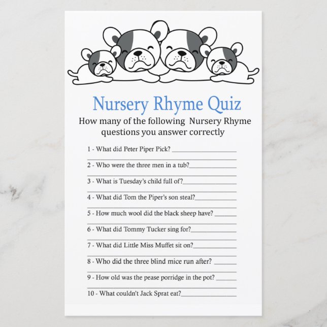 Bulldog Nursery Rhyme Quiz baby shower game (Front)