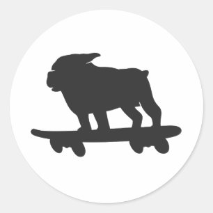 Bulldog on a skateboard - Choose background color Classic Round Sticker