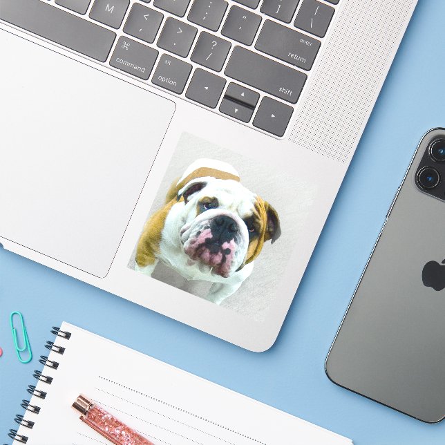 Bulldog Painting - Cute Original Dog Art (Laptop w/ iPhone)