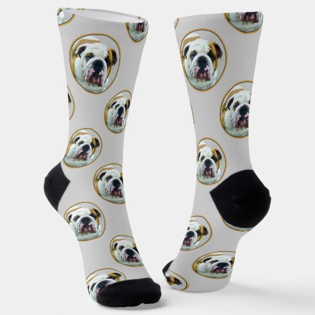 Bulldog Painting Red and White English Pet Dog Art Socks (Angled)