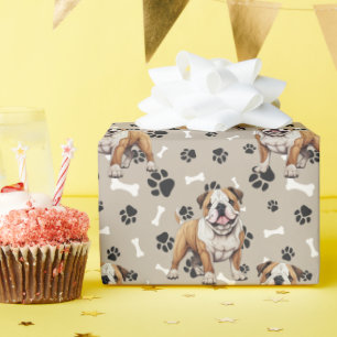 Bulldog Paw Print and Bone Pattern Wrapping Paper
