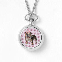 Bulldog Pink Paws Silver Necklace Watch