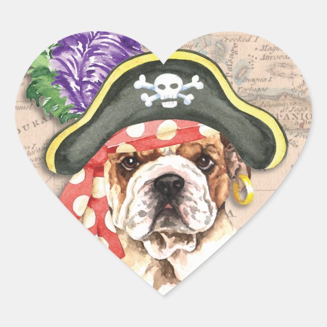 Bulldog Pirate Heart Sticker (Front)