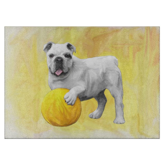 Bulldog Playing with Ball Watercolor Art Painting Cutting Board (Front)