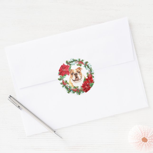 Bulldog Poinsettia Holly Berry Christmas Wreath Classic Round Sticker (Envelope)