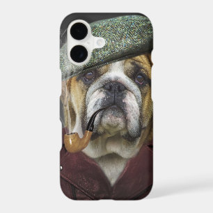 Bulldog portrait smoking a pipe