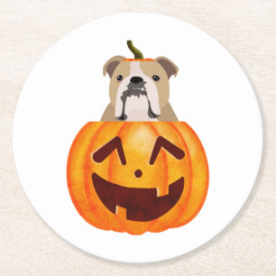 Bulldog Pumpkin Round Paper Coaster