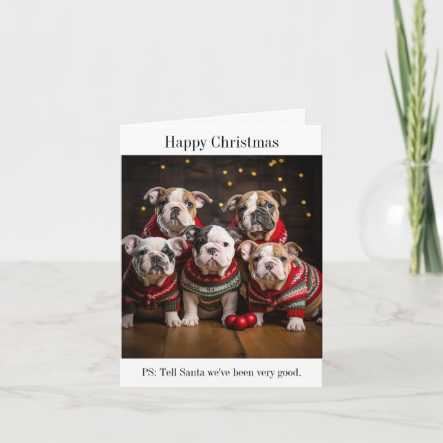 Bulldog Puppies in Christmas Sweaters Card (Front)