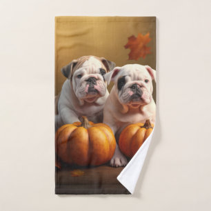 Bulldog Puppy Autumn Delight Pumpkin Bath Towel Set