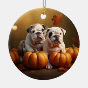 Bulldog Puppy Autumn Delight Pumpkin  Ceramic Tree Decoration