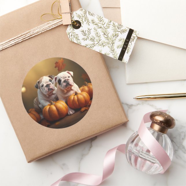 Bulldog Puppy Autumn Delight Pumpkin  Classic Round Sticker (Gifting)