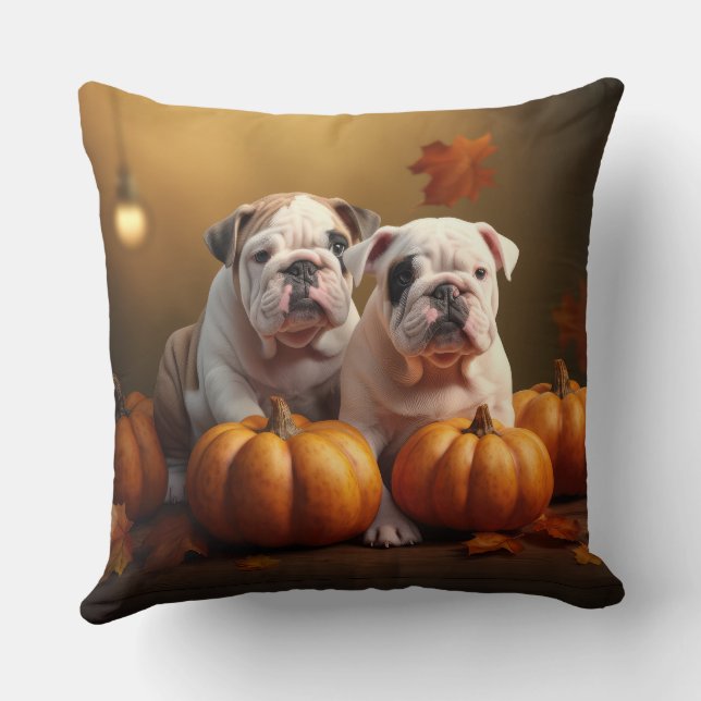 Bulldog Puppy Autumn Delight Pumpkin  Cushion (Back)