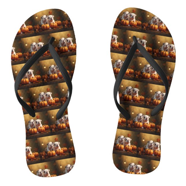 Bulldog Puppy Autumn Delight Pumpkin  Flip Flops (Footbed)