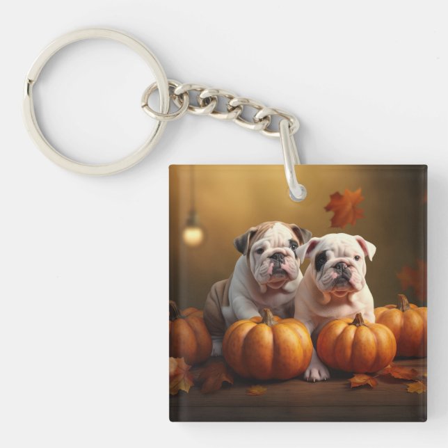 Bulldog Puppy Autumn Delight Pumpkin  Key Ring (Front)