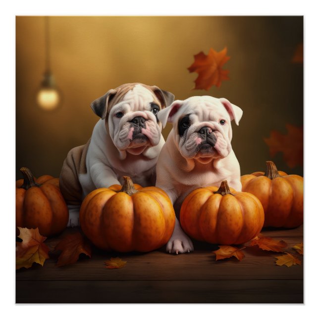Bulldog Puppy Autumn Delight Pumpkin  Poster (Front)