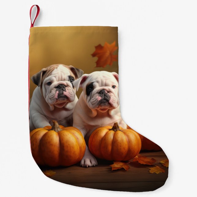 Bulldog Puppy Autumn Delight Pumpkin  Small Christmas Stocking (Front)