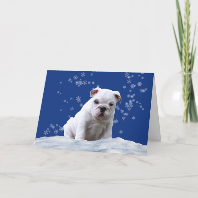 Bulldog Puppy Christmas Holiday Snow Card (Front)
