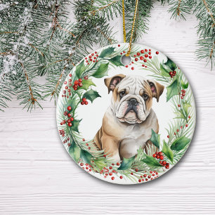 Bulldog Puppy Holly Wreath Christmas Ceramic Tree Decoration