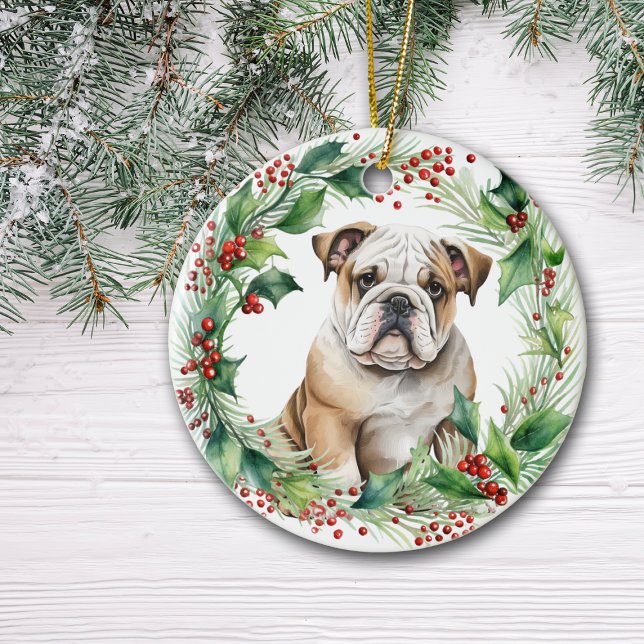  Bulldog Puppy Holly Wreath Christmas Ceramic Tree Decoration (Creator Uploaded)