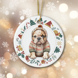Bulldog Puppy in Winter Sweater Christmas Ceramic Tree Decoration