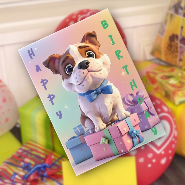 Bulldog Puppy Pastel Colours and Gifts Birthday  Card (Creator Uploaded)