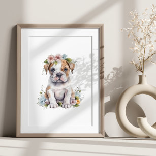Bulldog Puppy Pet Watercolor Flower Poster