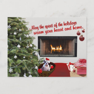 Bulldog Puppy Warm Fireplace Scene Christmas Wish Holiday Postcard