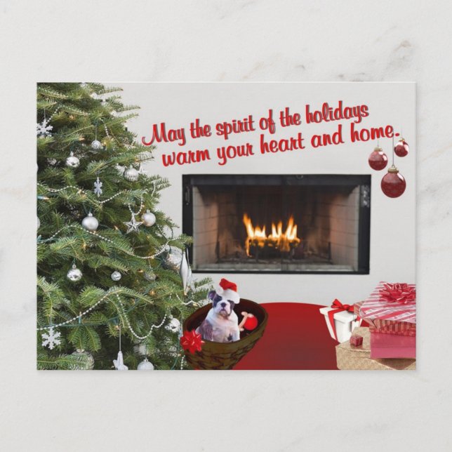 Bulldog Puppy Warm Fireplace Scene Christmas Wish Holiday Postcard (Front)