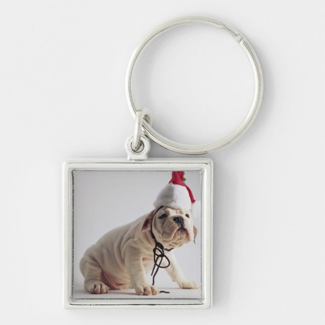Bulldog Puppy Wearing Santa Hat Key Ring (Front)