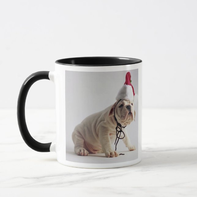 Bulldog Puppy Wearing Santa Hat Mug (Left)