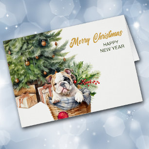 Bulldog Puppy Wicker Basket Christmas
