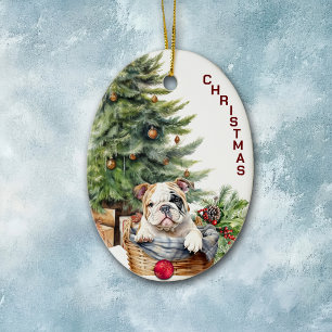 Bulldog Puppy Wicker Basket Christmas Ceramic Tree Decoration