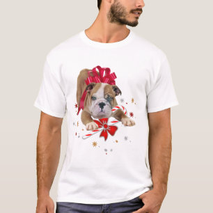 Bulldog puppy with red bow and candy cane T-Shirt