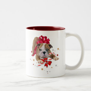 bulldog puppy with red bow and candy cane Two-Tone coffee mug