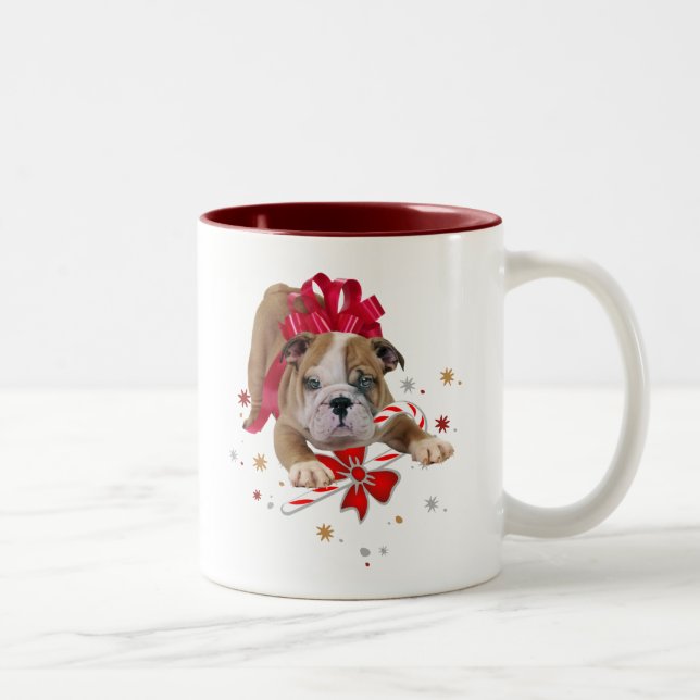 bulldog puppy with red bow and candy cane Two-Tone coffee mug (Right)